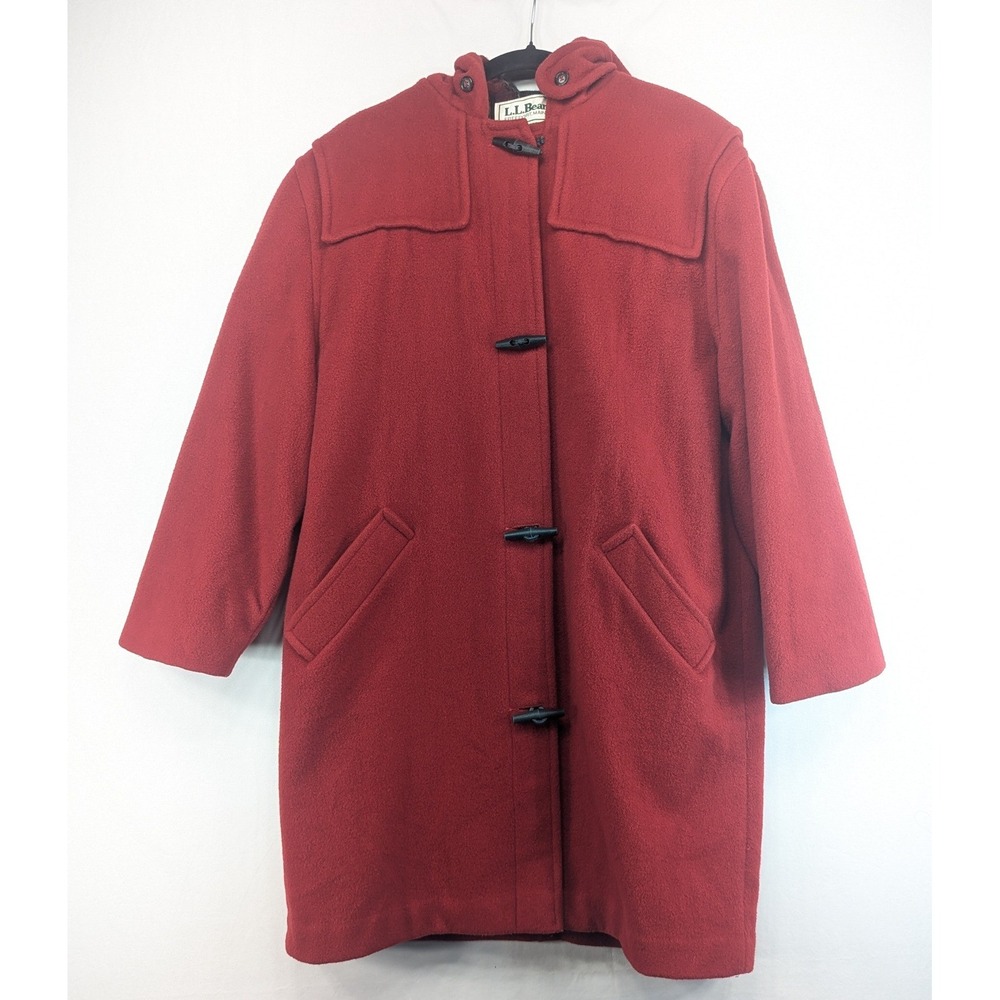 LL Bean Red Wool Duffle Coat Vintage Hooded Toggle Plaid Lined Mid Length USA